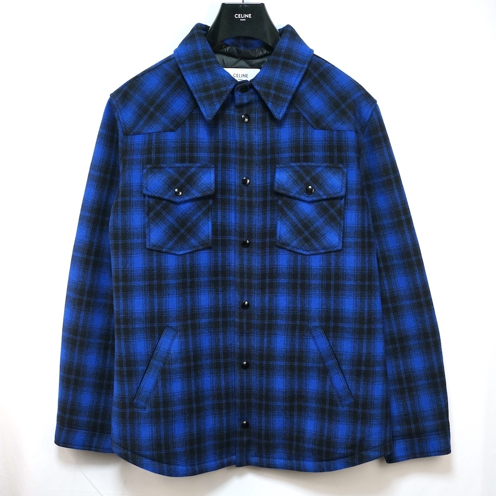 2022AW CELINE セリーヌ パディッド フランネル チェック シャツ ブルー ブラック 52サイズ 2W410994R