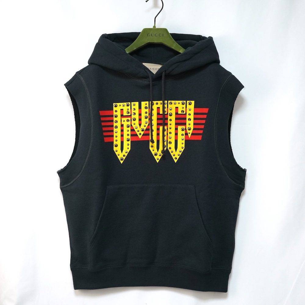 GUCCI グッチ COTTON JERSEY SLEEVELESS HOODIE コットン ジャージ スタッズ ノースリーブ フ－ディ パーカー ブラック XSサイズ(170/88A)