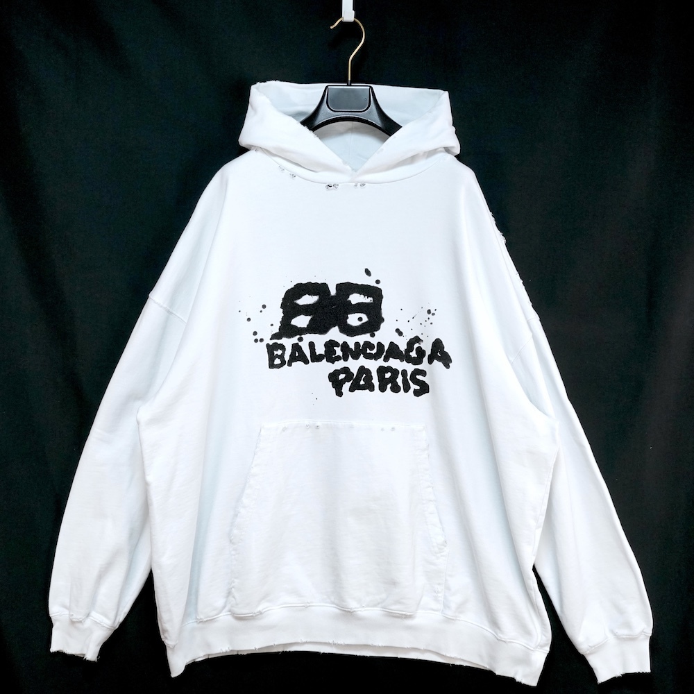 BALENCIAGA バレンシアガ Hand Drawn BB Icon Large Fit Hoodie 両面プリント オーバーサイズ フーディ パーカー ホワイト XXSサイズ