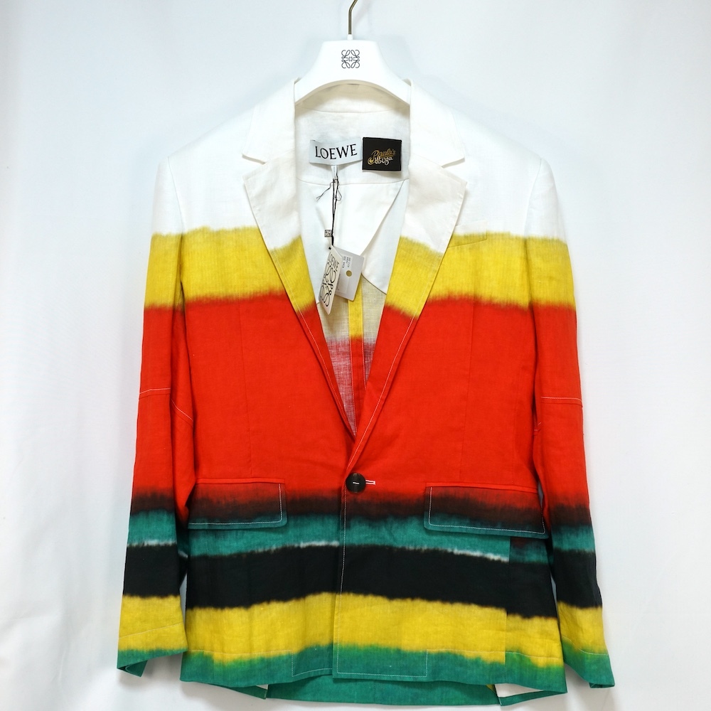 LOEWE ロエべ STRIPES SINGLE BREASTED JACKET ストライプ シングル ブレステッド リネン ジャケット 44サイズ グリーン レッド イエロー