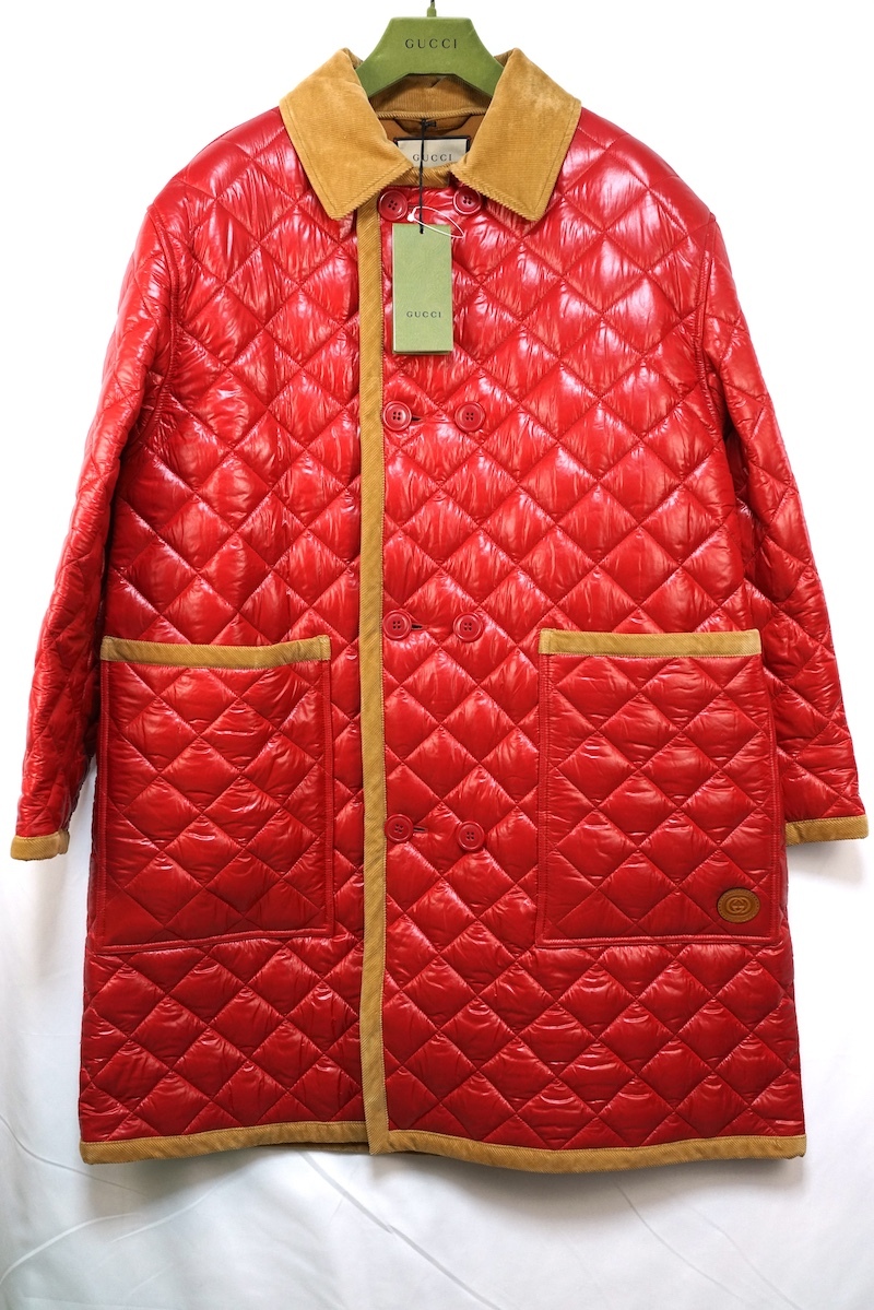 GUCCI グッチ ダブルブレスト キルティング コート シャイニーナイロン コーデュロイ レッド ベージュ 46サイズ 731360 Z8BDN