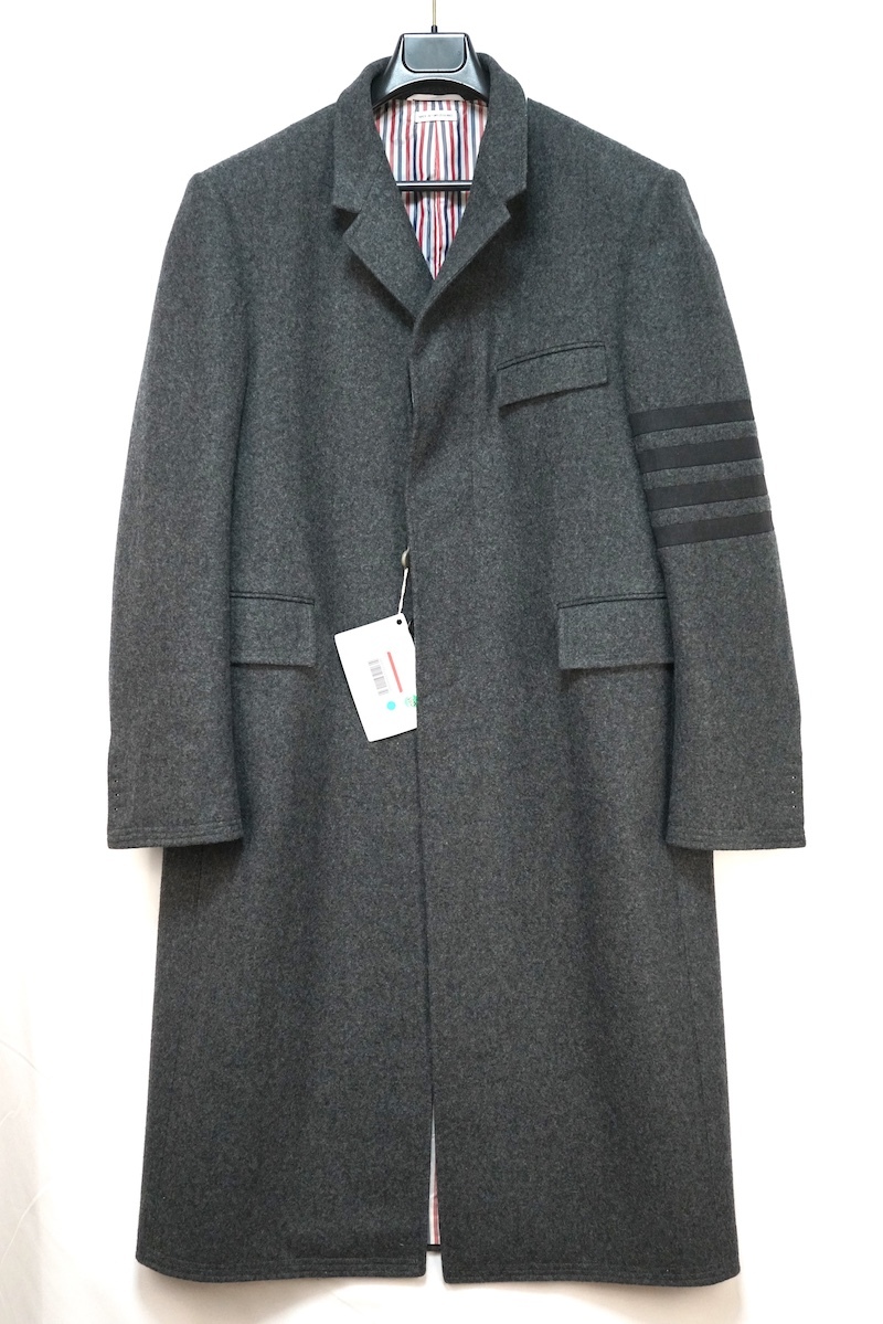 THOM BROWNE トムブラウン 4バー ストライプ クラシック チェスター コート シングルブレスト ウール オーバー コート グレー ４R(US 54R)