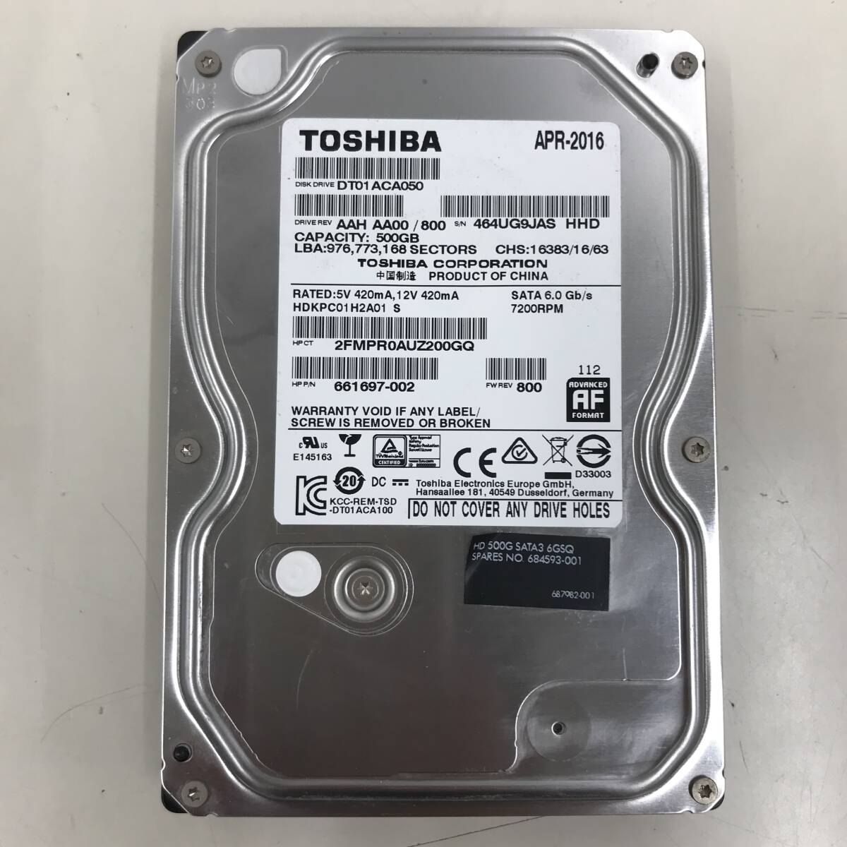 TOSHIBA 東芝 SATA 3.5インチ 500GB HDD ハードディスク デスクトップ PC パソコン 家庭用 7200RPM DT01ACA050 SN 464UG9JAS HHD 中古