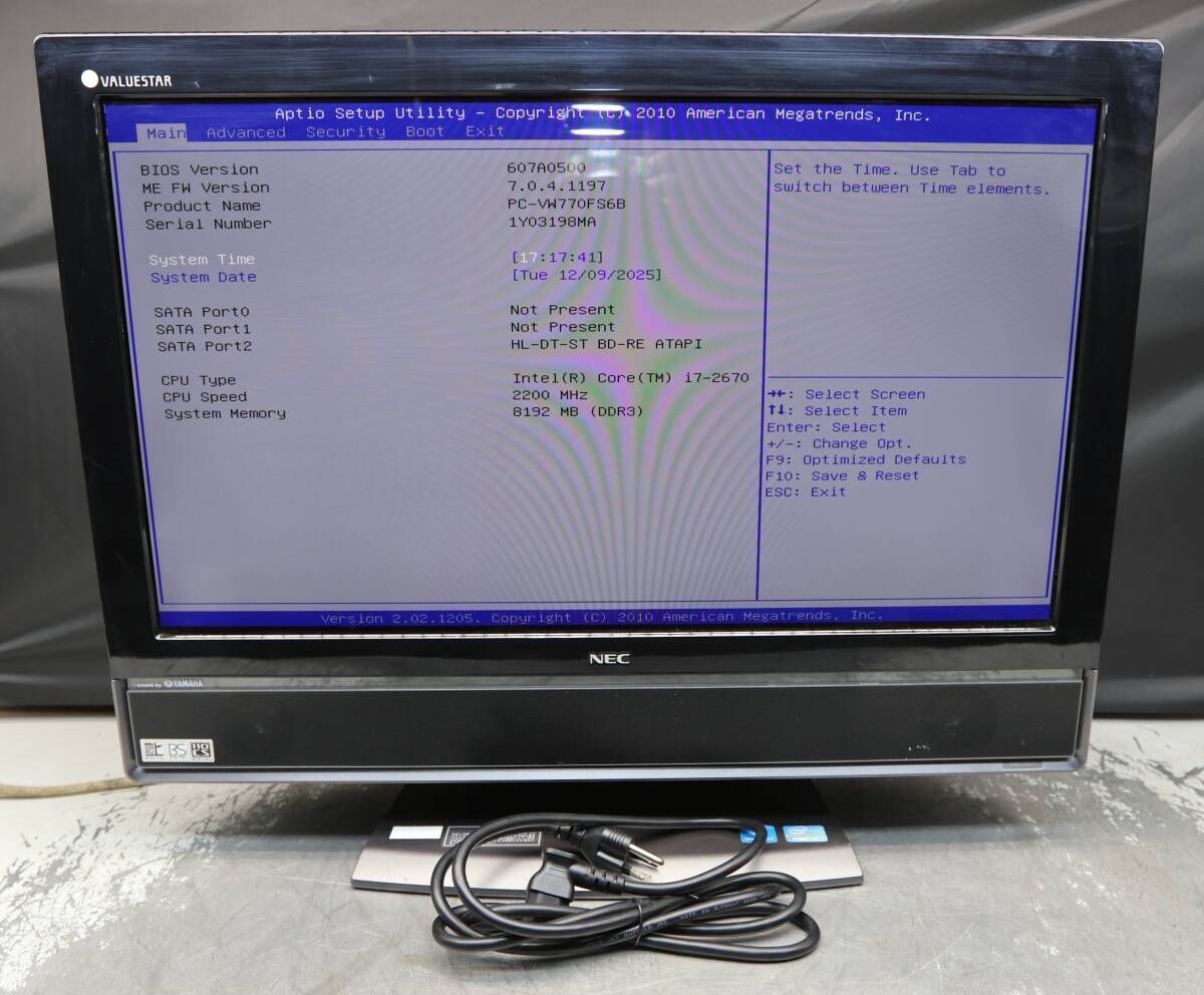 ST1059# BIOS確認のみ モニタ一体型 NEC VALUESTAR W VW770/FS6B PC-VW770FS6B CPU i7-2670 2.20GHz 8GBメモリ HDD無し