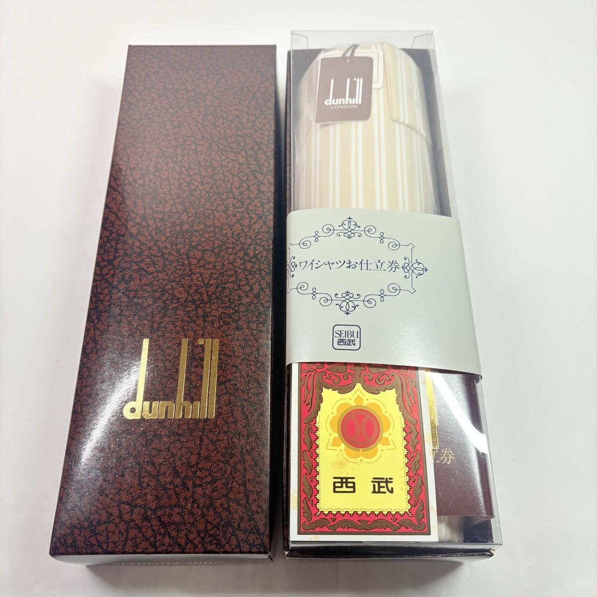 未使用品　 dunhill ダンヒル　 ワイシャツ生地　ベージュストライプ　dロゴ　西武百貨店　 仕立て生地　お仕立て券期限切れ
