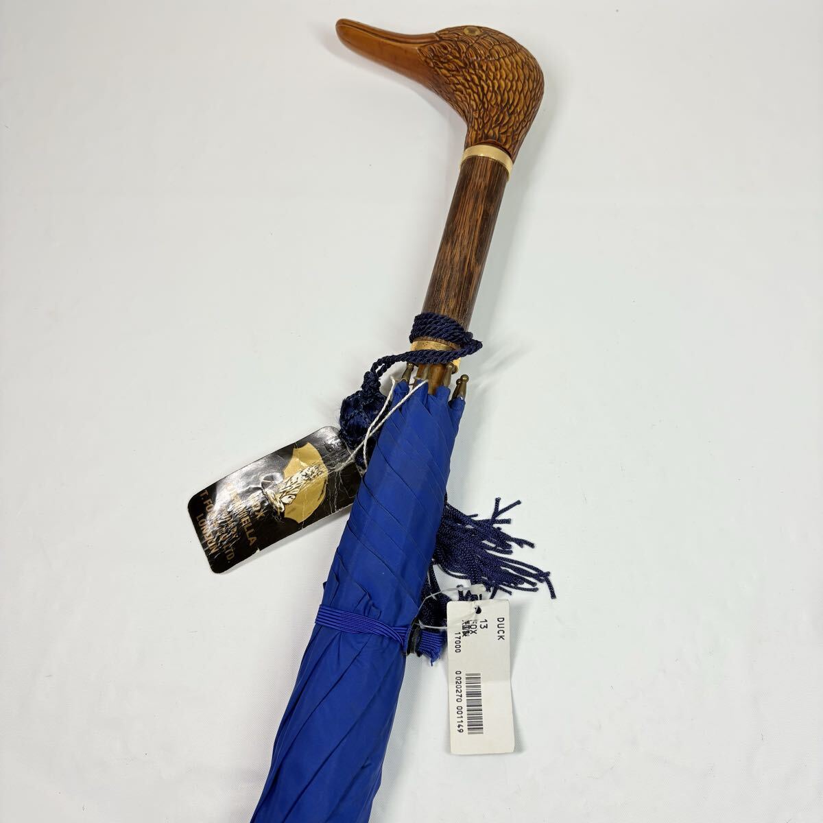 未使用タグ付き　FOX UMBRELLAS T.FOX&CO アニマルヘッド　ダック　木製　ナイロン　ブルー　高級傘　英国製