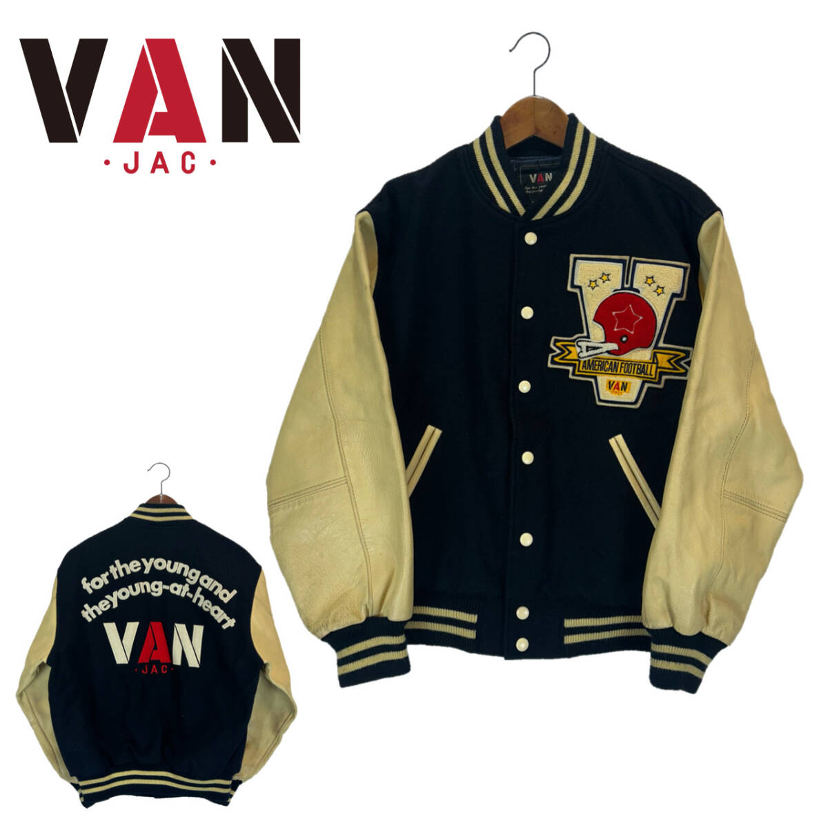 【名作】90s VAN JAC 袖レザー スタジャン サイズM アーチロゴ ネイビー ベージュ スタジアムジャケット アメカジ マイケルジャクソン
