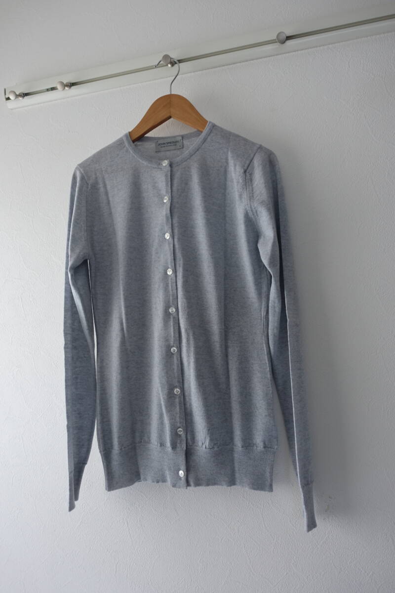 美品 イギリス製 JOHN SMEDLEY ジョンスメドレー グレー ウールニット クルーネック カーディガン Sサイズ
