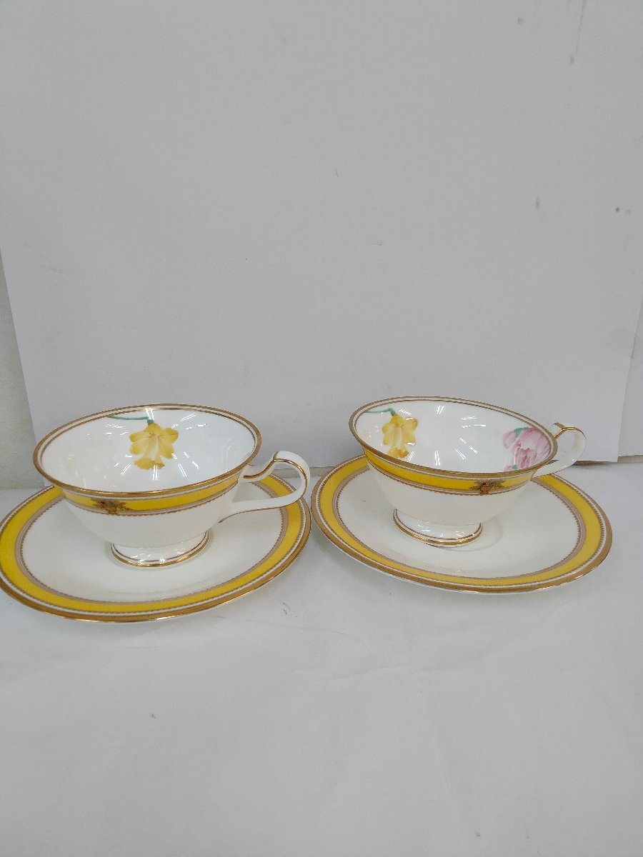 ほぼ未使用 Noritake カップアンドソーサー 2客 ヴィヴィッドソロボーン イエロー ホワイト 金縁 ノリタケ 室内保管品 オールド 80年代