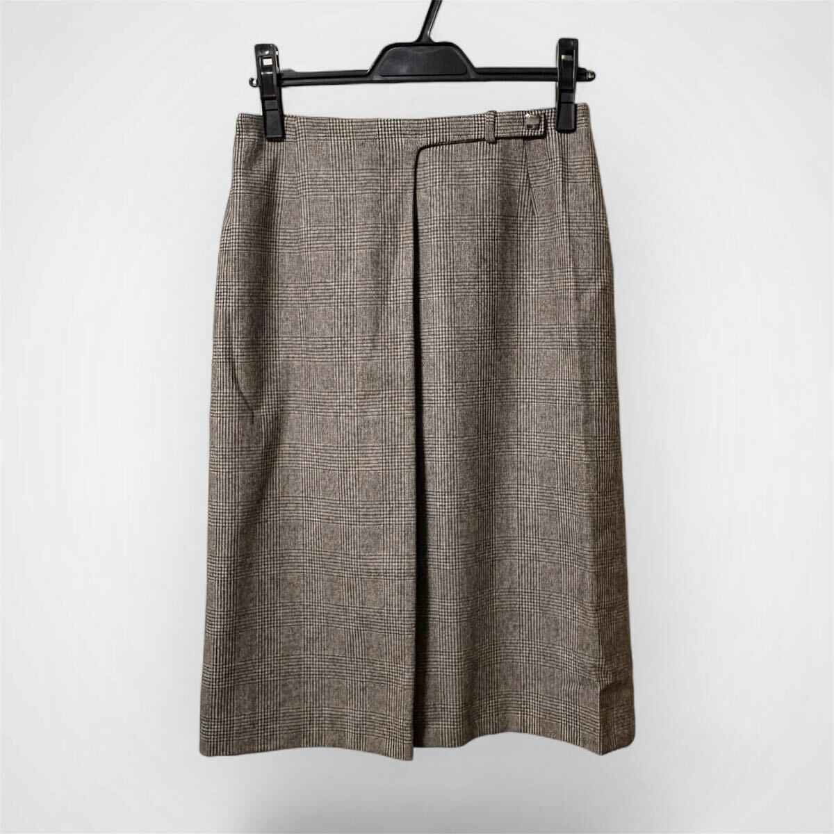 極美品 LAUREN RALPH ラルフローレン グレンチェック ブラウン系カラー 暖ウール素材 膝丈 巻きスカート 