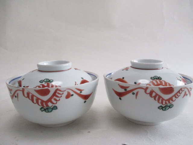 和陶器　染付　手描き赤絵　蓋付き碗　2個　/　小丼　蓋物　小鉢　碗　②