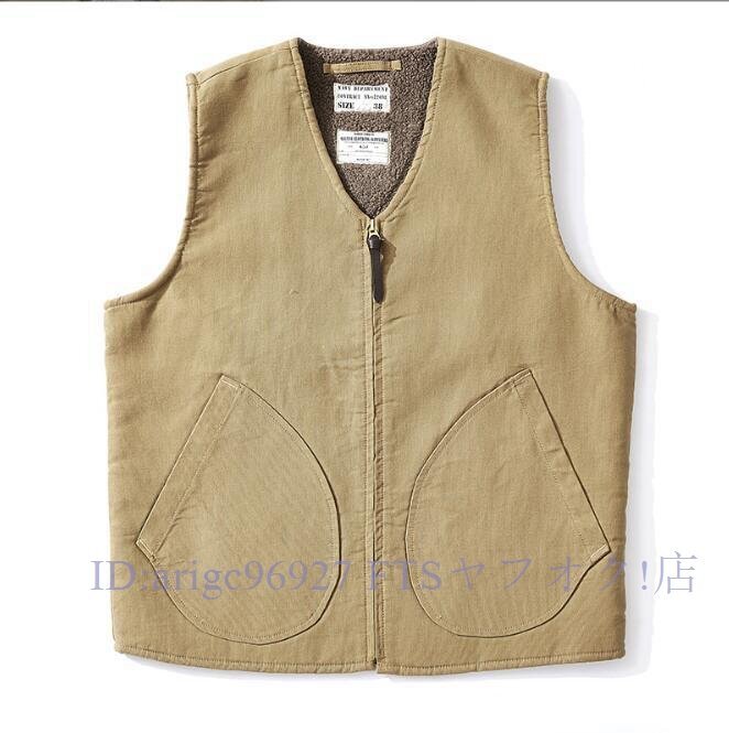 ★新品ワーク ボア裏地付きで防寒性も抜群 ヴィンテージ復刻デッキベストメンズ アメカジ ジレ Ｓ～ＸＸＬカーキ
