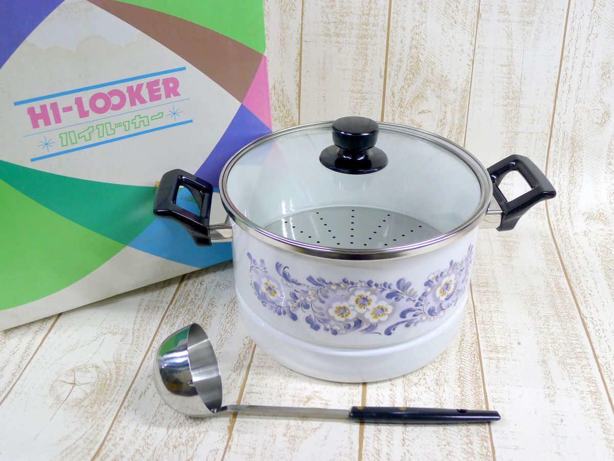 l◆305 昭和レトロ 富士琺瑯 HI-LOOKER ハイルッカー 丸蒸器 花柄 ホーロー 両手鍋 深鍋 22㎝ 5.8 すのこ ガラス蓋 お玉付 調理器具 /140