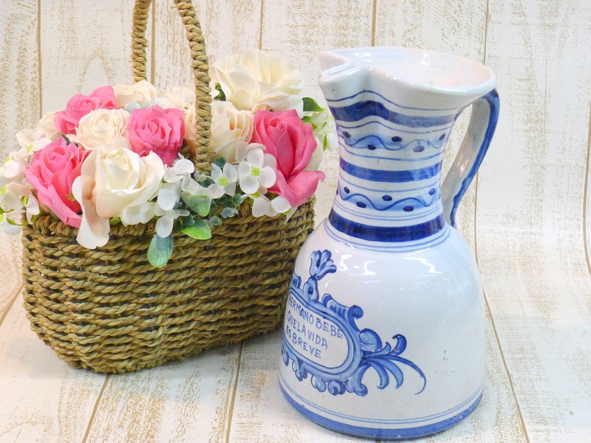 l◆334 スペイン製 タラベラ焼 手描き 水差し ピッチャー 花瓶 フラワーベース 陶器 ヴィンテージ インテリア /80