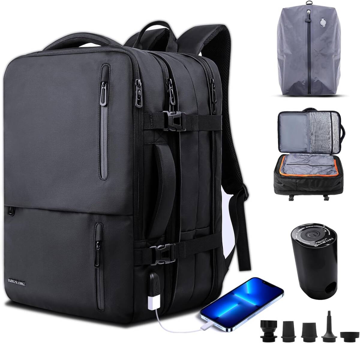 KINGSLONG　ビジネスリュック リュックサック 拡張機能25-55L 真空圧縮バッグ付き 真空ポンプ付き　USBボート付き/Y32165-P2