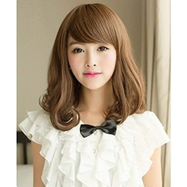 ゆるふわ モテかわ 巻き髪 ミディアム カール フルウィッグ ウィッグ 高温 耐熱 高品質 自然 医療用 かつら wig セミロング ライトブラウン