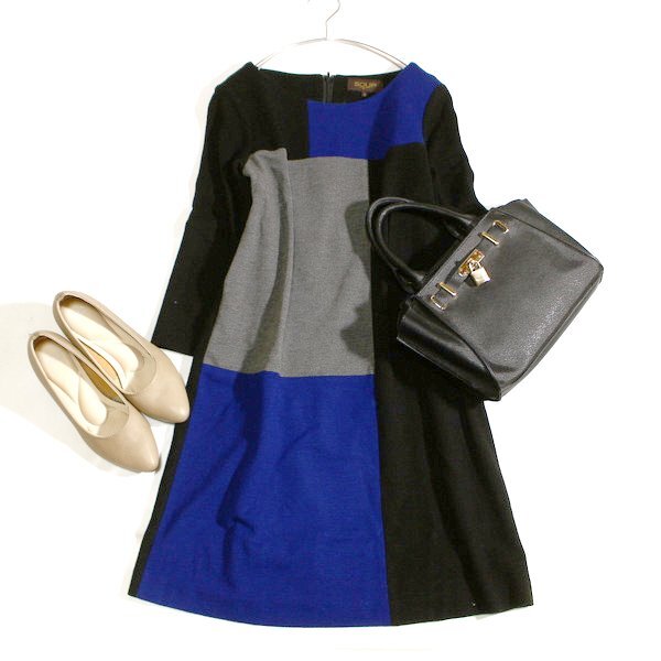 美品 (株)ワールド SOUP スープ ウール混紡 ジャージーストレッチ ワンピース 7号 S 秋 冬 25B12