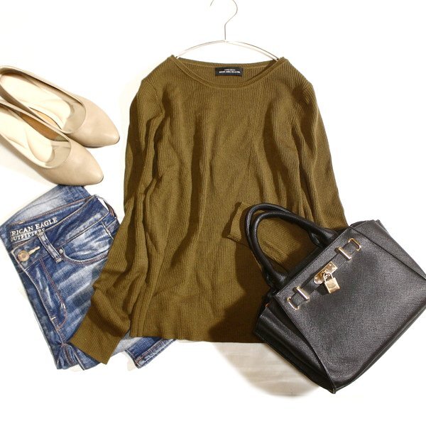 美品 ユナイテッドアローズ GREEN LABEL RELAXING ウール100％ リブストレッチ ニット セーター F 秋 冬 25B12