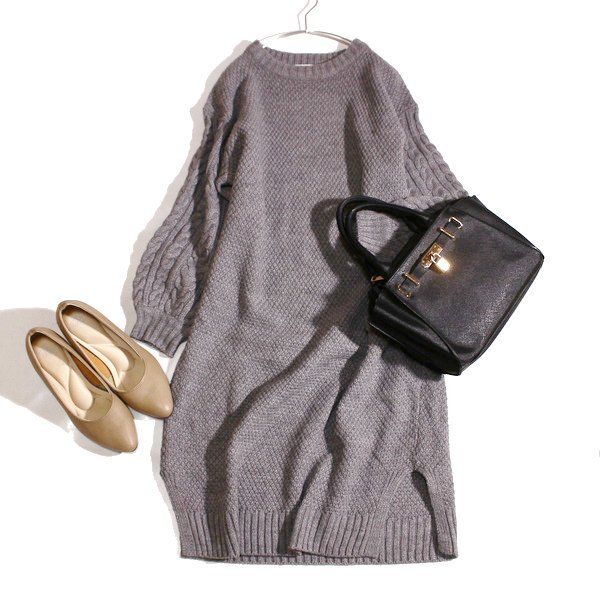 美品 SIMPLICITE サンプリシテ ウール混紡 厚手 編み地切り替え ニット ワンピース F 秋 冬 25C12