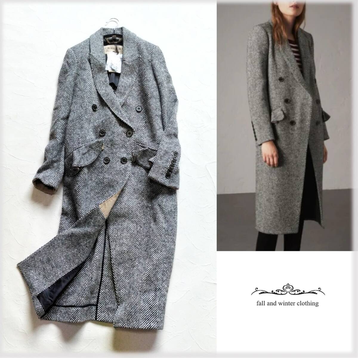 未使用品♪ BURBERRY LONDON ENGLAND バーバリーロンドンイングランド【定価18万】ウール100％ ツイード ダブル チェスターコート♪UK4 T9