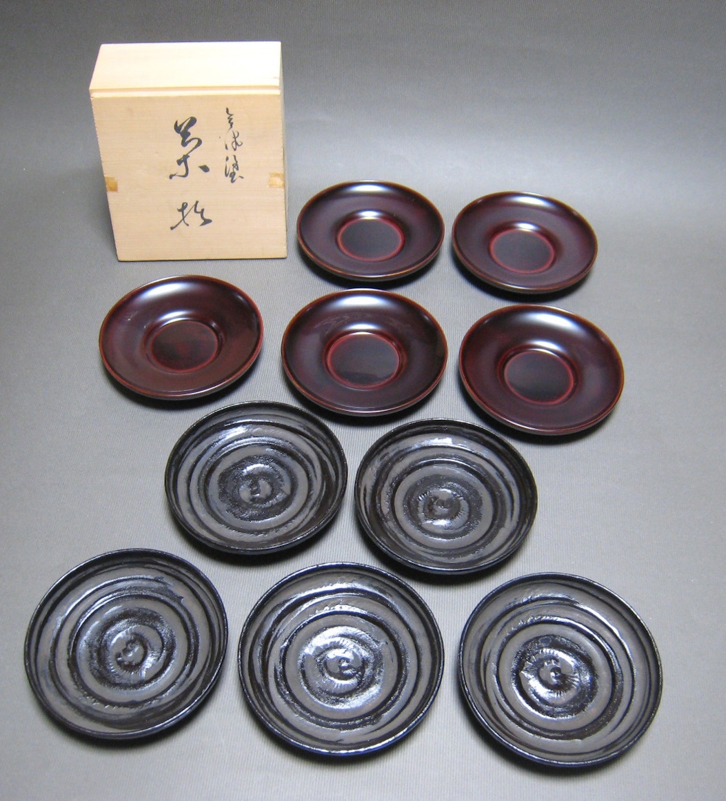 会津塗　伝統工芸　天然木　漆塗り　茶托　保存品　白木屋　渦巻文　木製茶托　10点　茶器