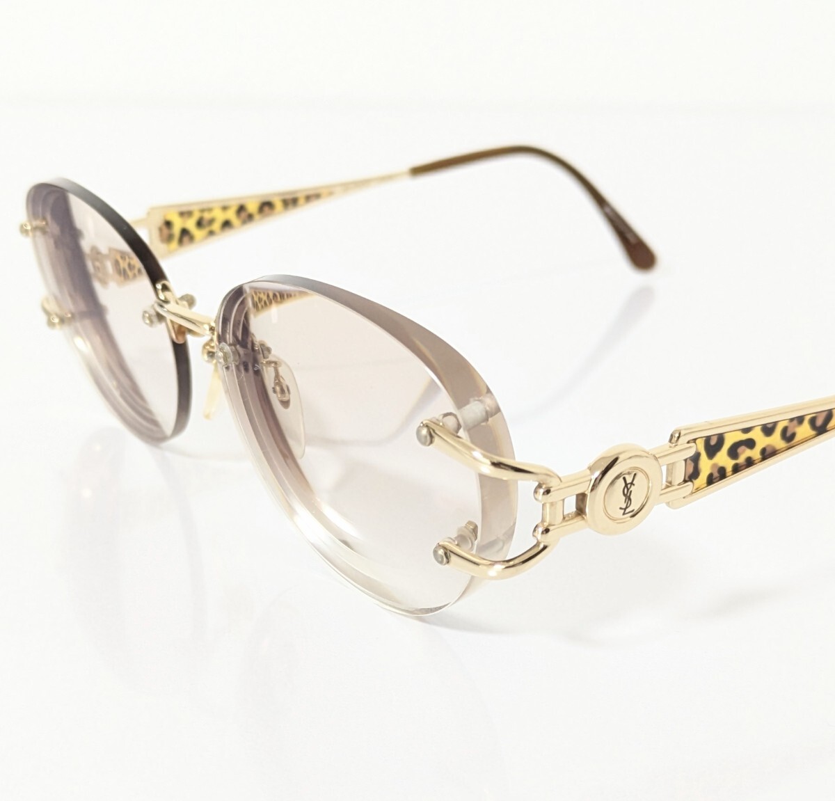 《リムレス》YSL イヴサンローラン　メガネフレーム ふち無しサングラス(度入り) レオパード　豹柄　 ゴールドカラー　日本製　極美品