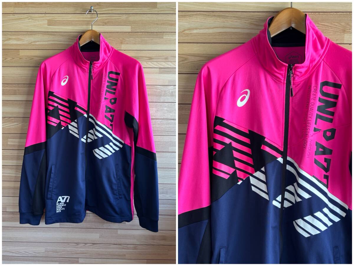 #★大きい サイズ 2XL XXL 3L★asics アシックス A77 D2 ニット ジャケット ジャージ ジップ ネイビー 紺 ピンク 秋 冬 春 トレーニング
