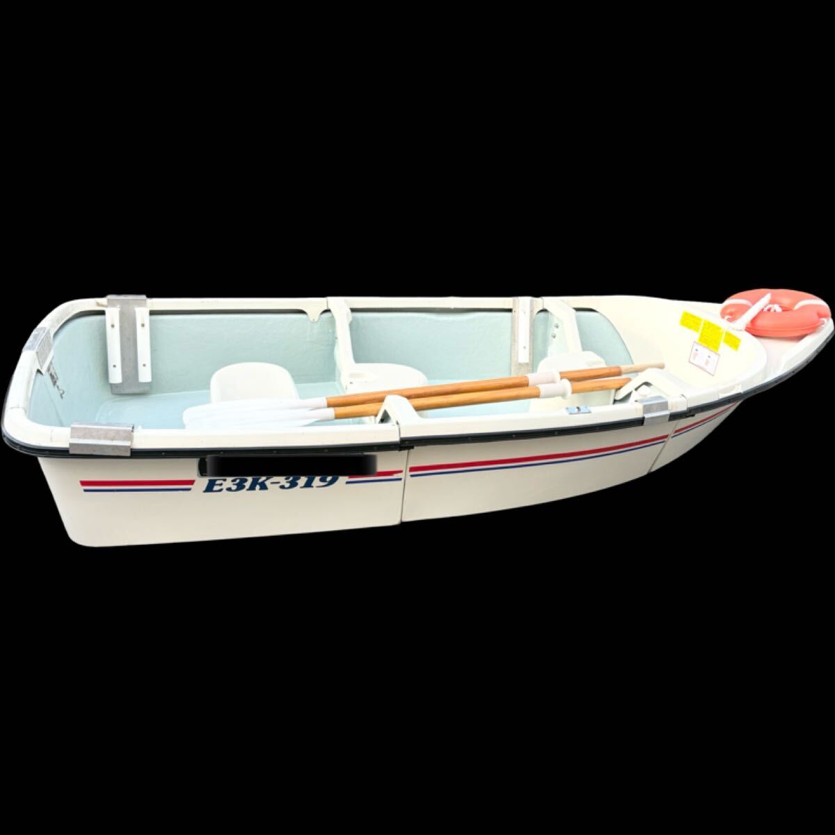 直接引き取り限定 E3K-319 アカシヨット　三人乗り　３分割ボート ロッドホルダー 艤装 ガソリン携行缶 アンカー 一式 美品