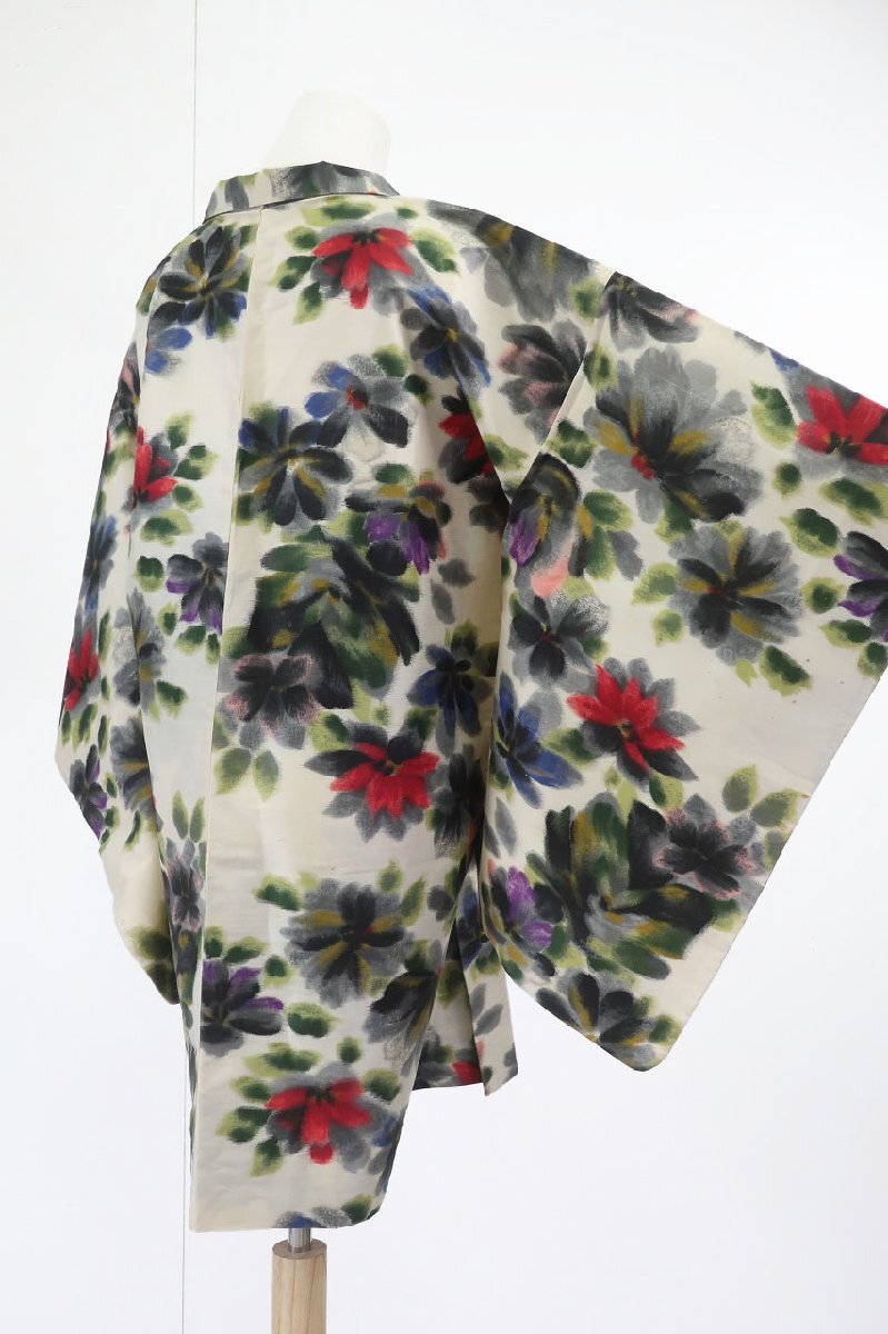 アンティーク 銘仙 長羽織 身丈88.0cm アイボリー 花文 レトロ 大正モダン 仕立て上がり 正絹 kimono 着物フィ 20321
