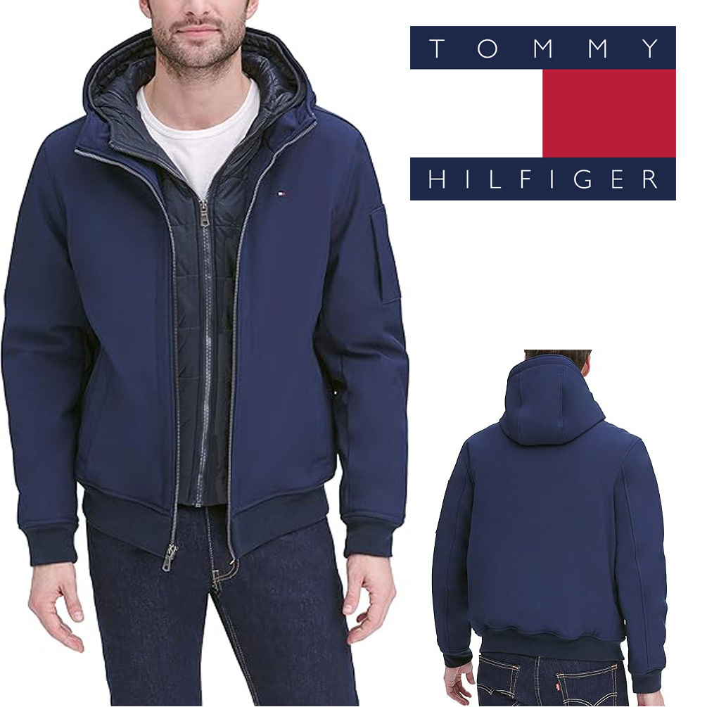 新品 M ★ トミーヒルフィガー ソフトシェル 中綿 ジャケット ネイビー US-S フード付き TOMMY HILFIGER 撥水 防風 ボンバー アウター