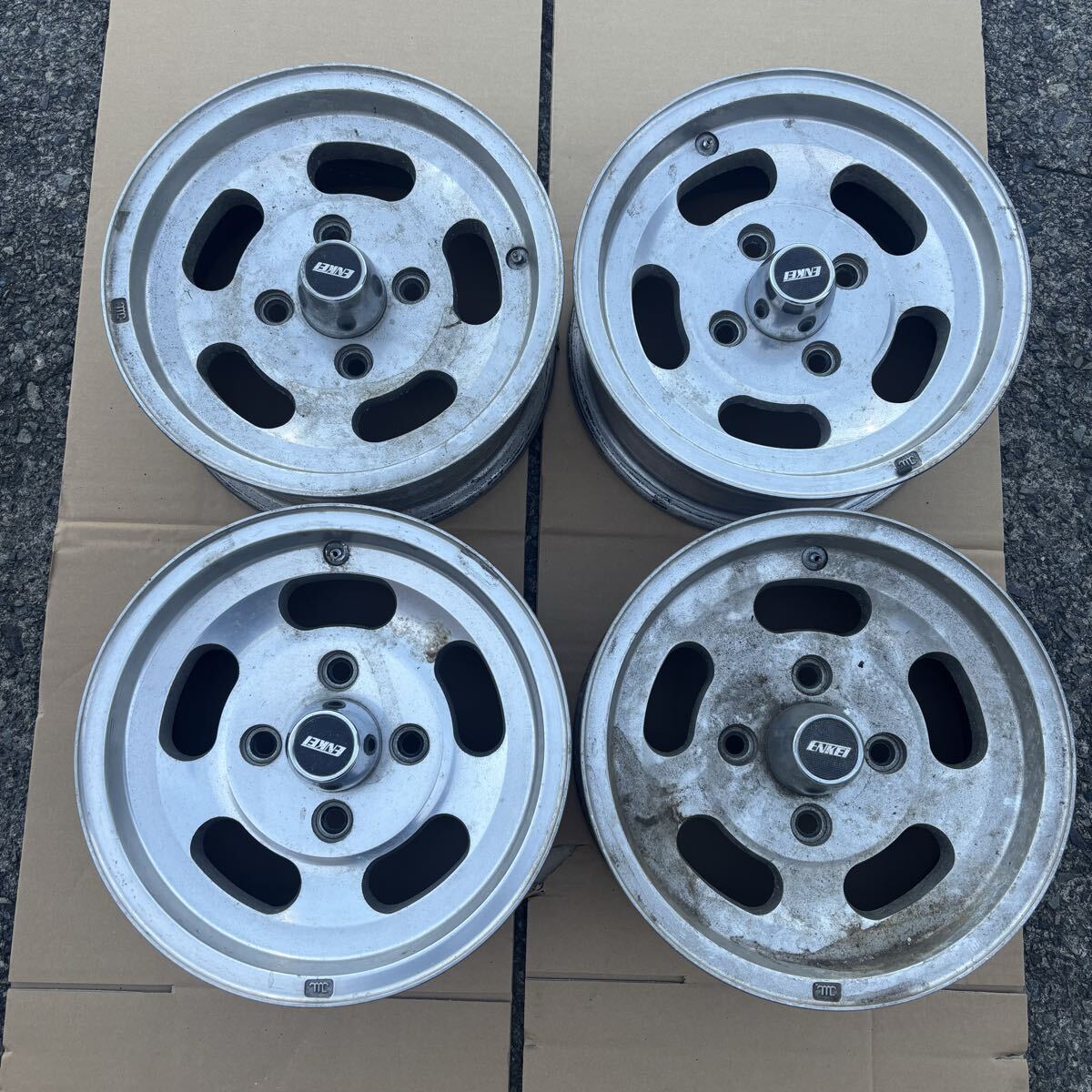 02 希少１３×5.5jj １１４.３/４h アサヒ ZONA ディッシュ サニトラ カスタム ムーン クレーガー ENKEI エンケイ 当時物　2個口送:140