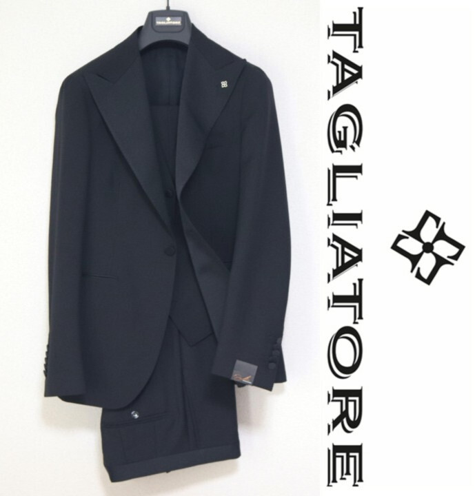 165,000円新品タグ付き【タリアトーレ】ラペルピン付き 3ピース 1Bドレススーツ 黒無地 44 ハンガー付き v7840