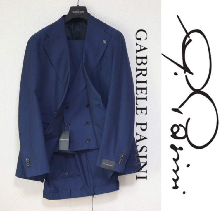 217,800円新品タグ付き【ガブリエレ パジーニ】ラペルピン付き シャドーストライプ スリーピース 2Bスーツ 52R ハンガー付き v7838
