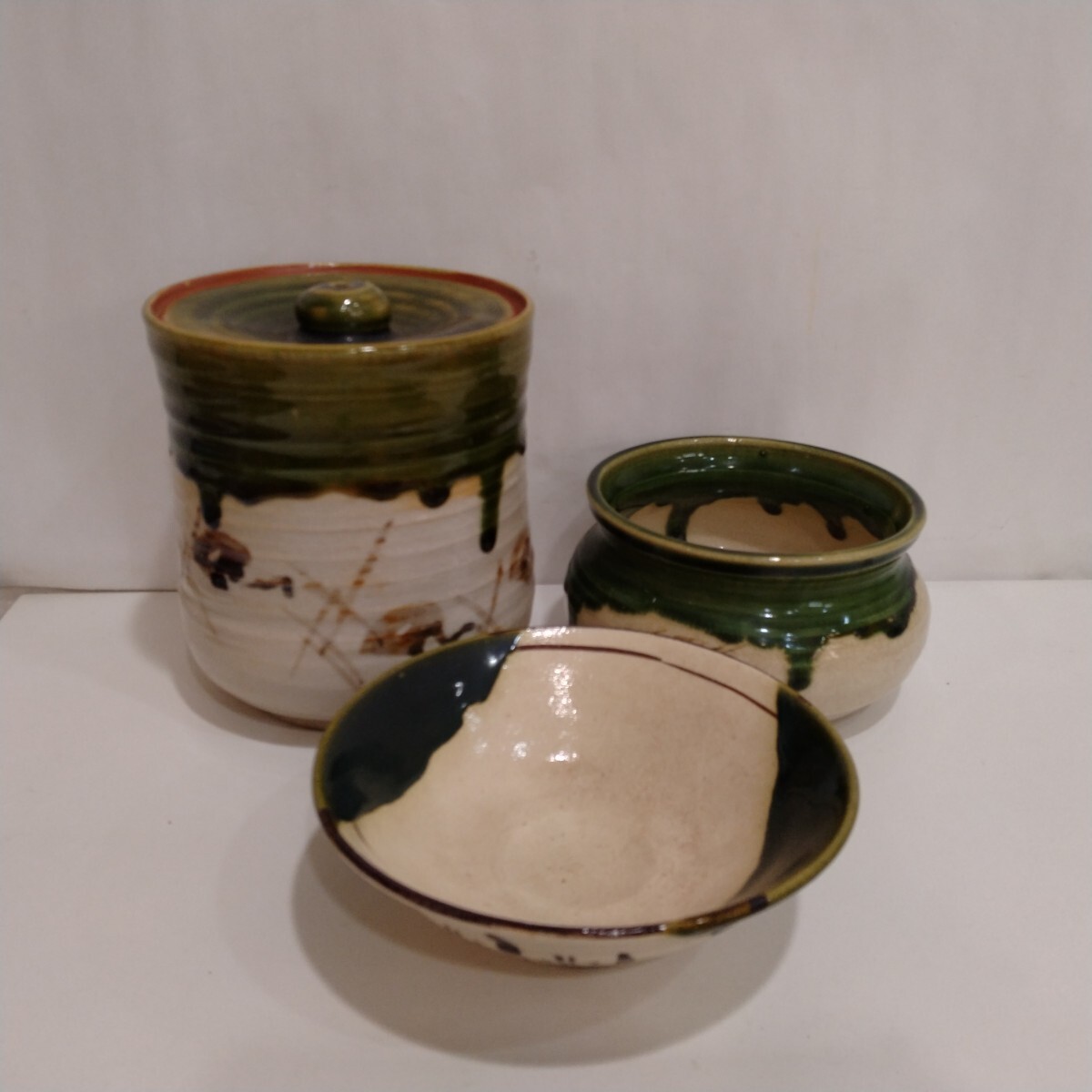 M312004　茶道具　織部焼　水指　建水　茶碗　３点まとめて　箱なし