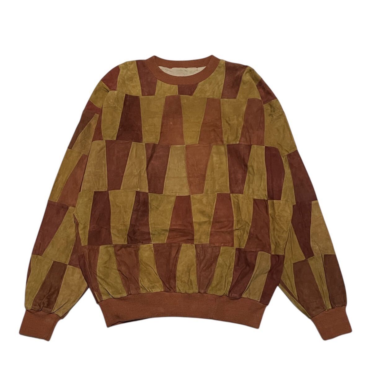 70s 頃　vintage ビンテージ　スエード　プルオーバー ハンドクラフト　パッチワーク　スウェット　レザー　USA