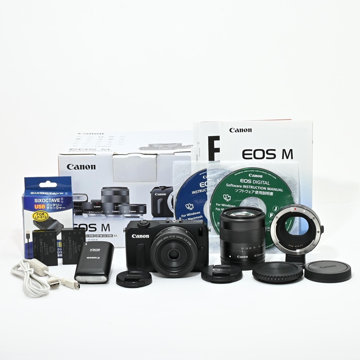 1089＜ほぼ新品＞ Canon EOS M ダブルレンズキット EF-M18-55mm F3.5-5.6 IS STM/EF-M22mm F2 STM付属 ブラック EOSMBK-WLK