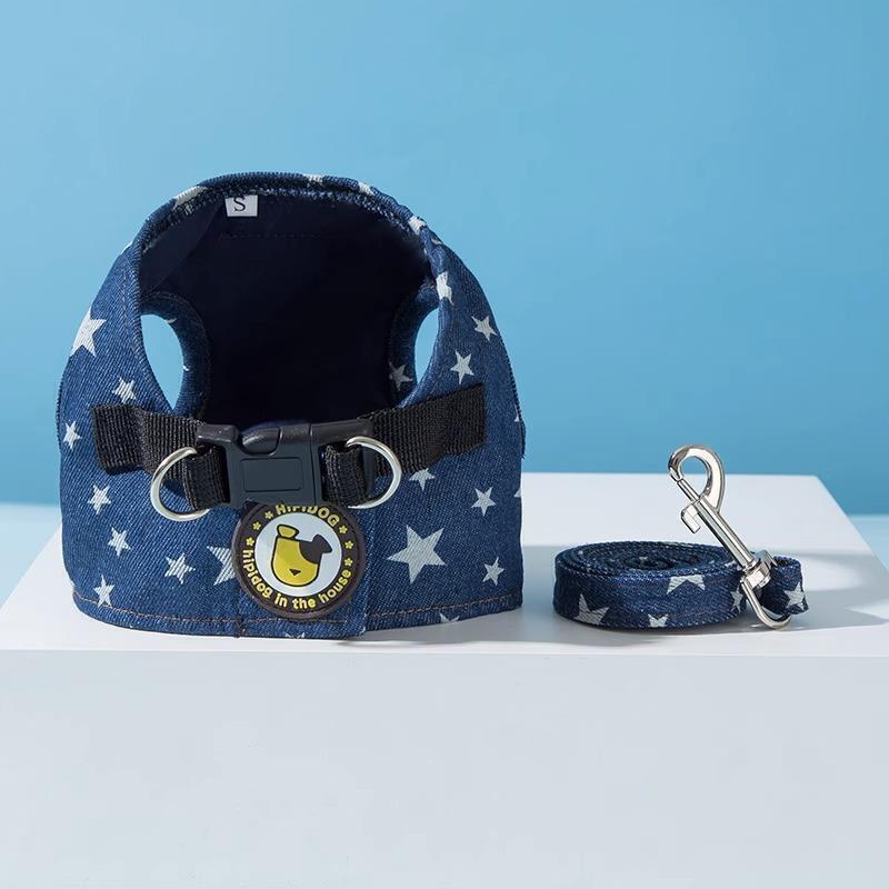 Y050 犬 猫 デニム 星柄 ハーネス リード セット Sサイズ 未使用