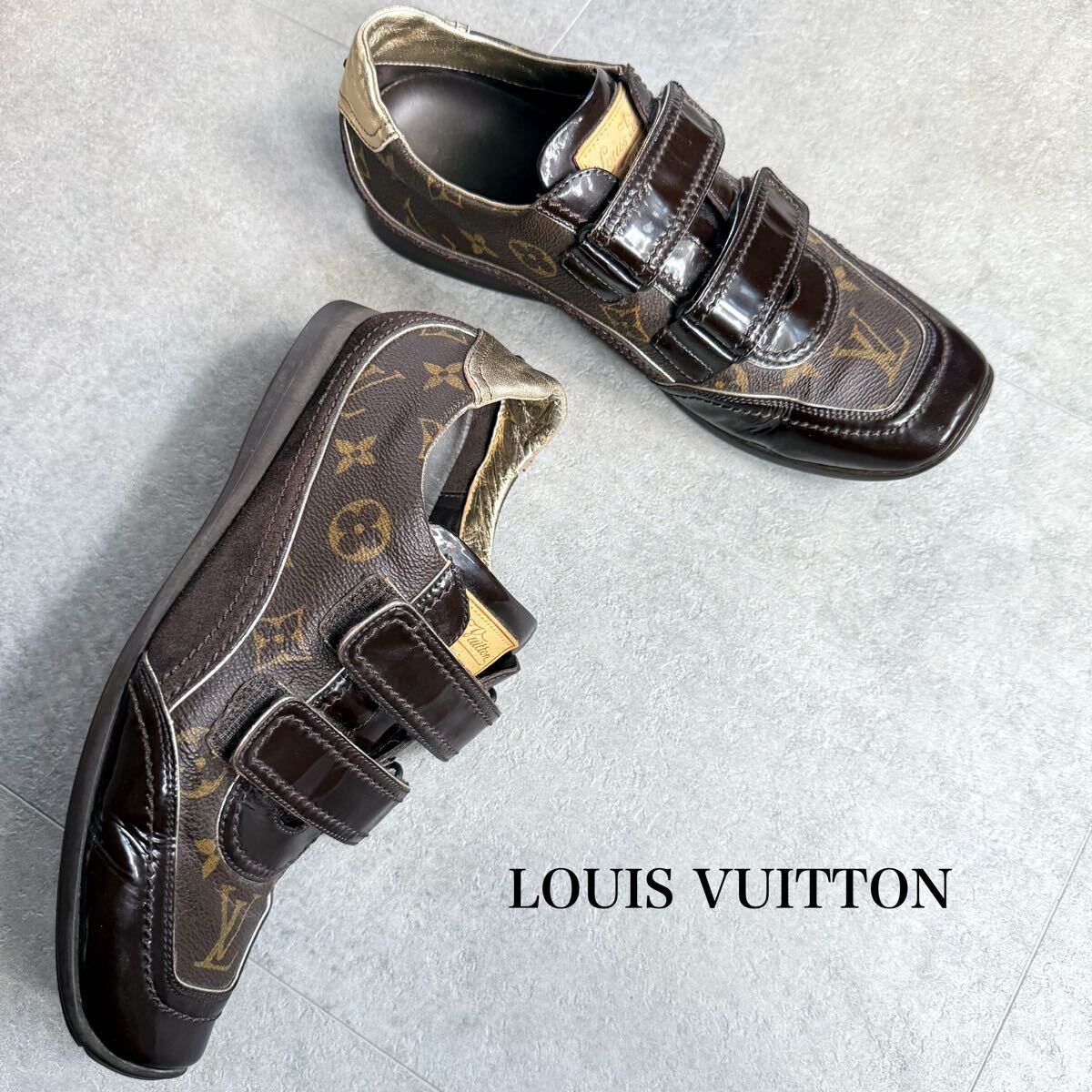 LOUIS VUITTON ルイヴィトン モノグラム レザー スニーカー レザー pvc パテントレザー ベルト ブラウン ロゴ 38 レディース靴 25cm