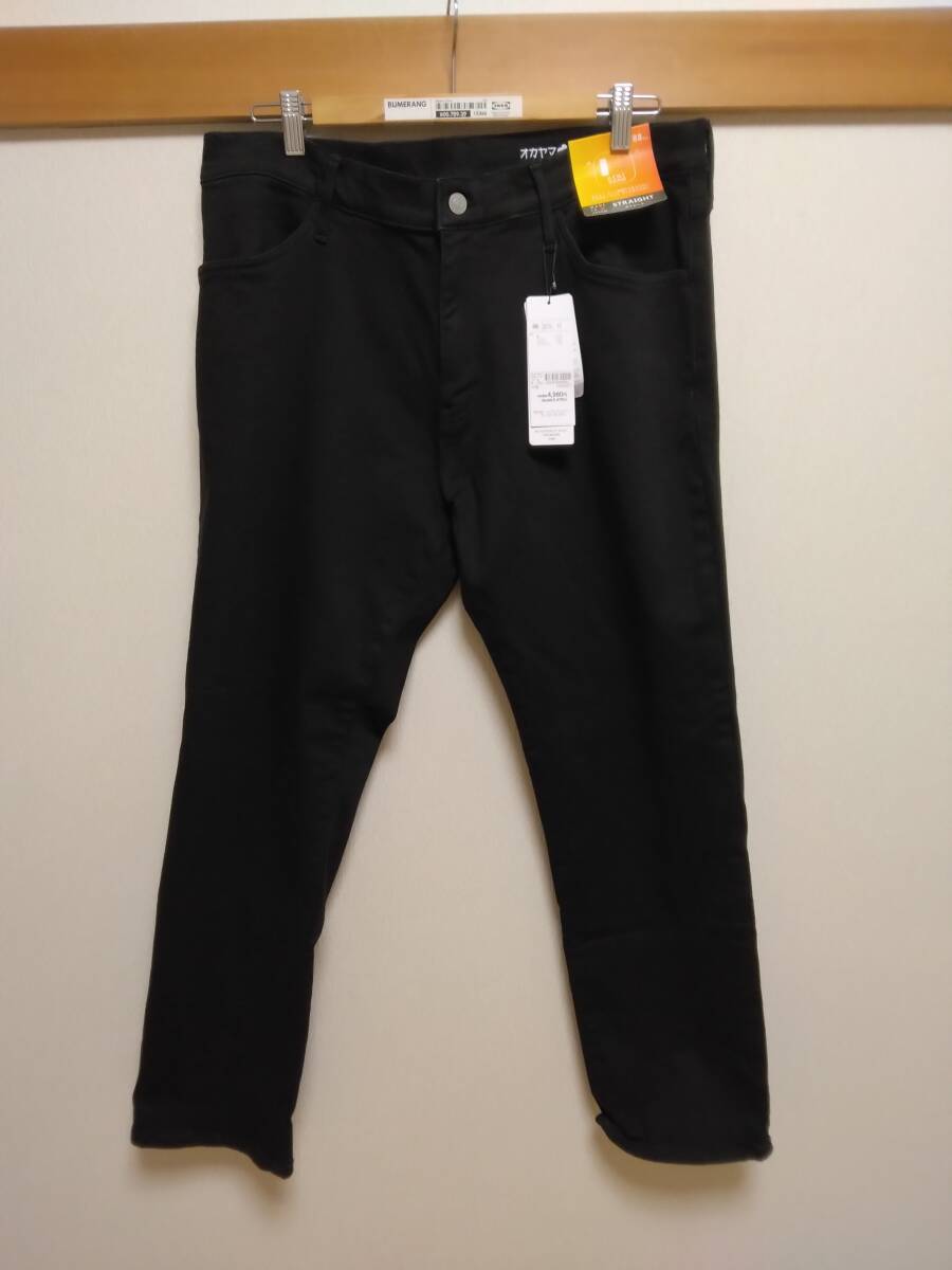 新品イオン岡山OKAYAMAデニムブラックストレートジーンズWARMウォーム裏起毛ウエスト88股下76