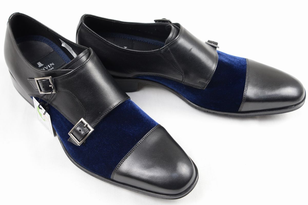 ●LANVIN COLLECTIONランバンコレクションダブルモンクストラップドレスシューズ(83446,黒/ネイビー,26.5,革底＋合成底)新品