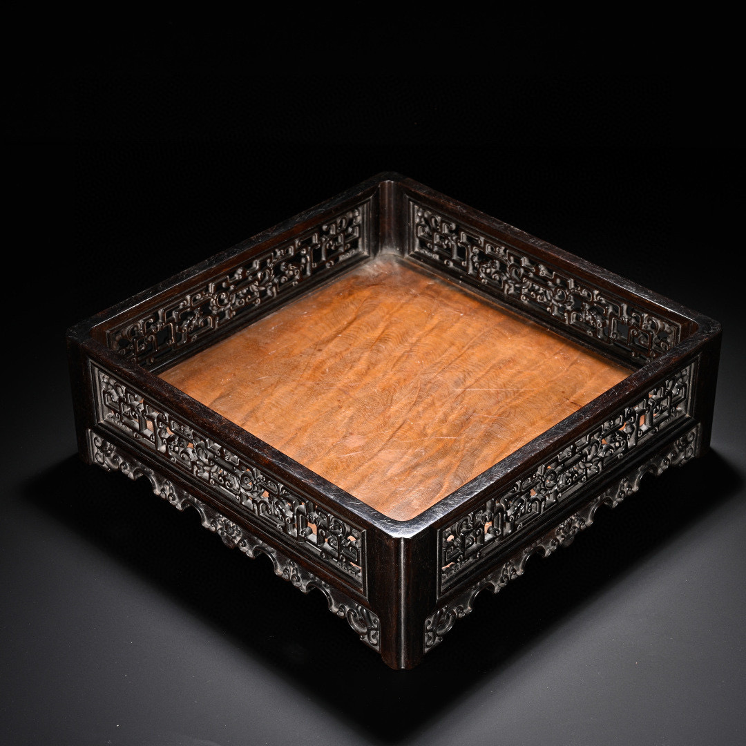 『古』清【紫檀嵌 金絲楠木 龍紋 茶盤 都承盤】重量760g 木製 文房具 書道具 時代物 中国古美術 古賞物 古置物 擺件 古董 骨董