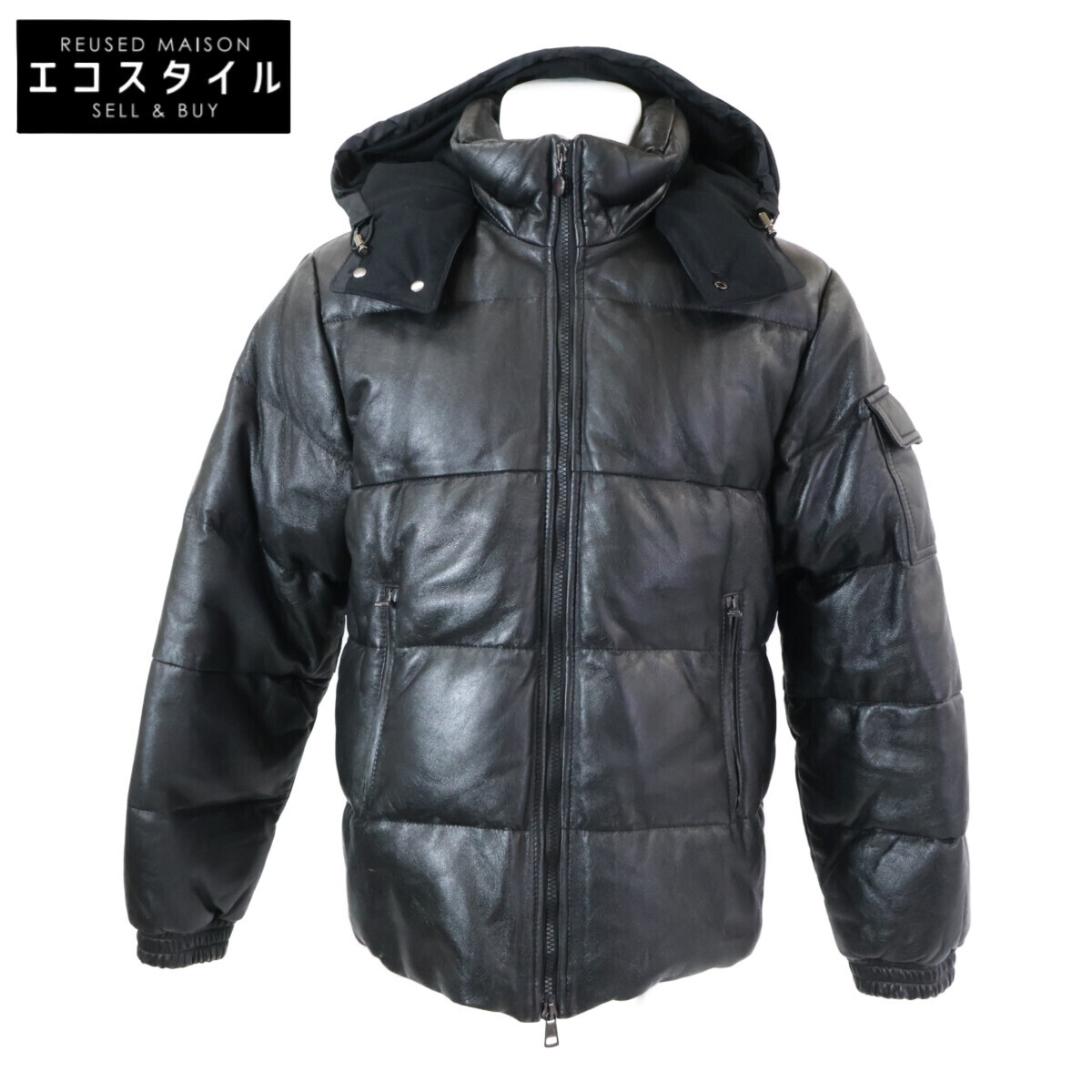MONCLER モンクレール 茶タグ レザー フーデッド ダウン ジャケット O ブラック メンズ