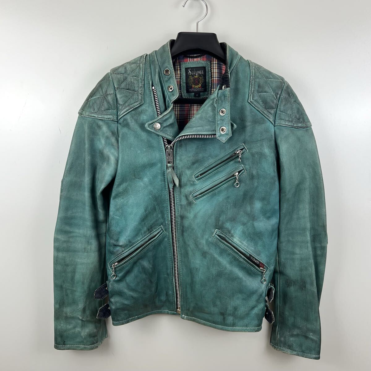 SCHOTT Grunge Leather classic racer semidouble raiders jacket XS turquoise ショット ライダースジャケット クラックレザー 汚れ加工