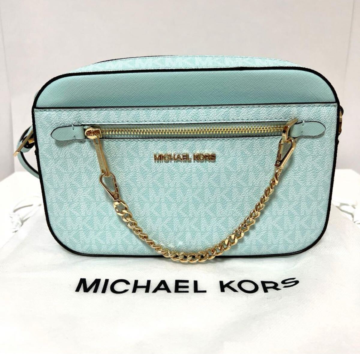 MICHAEL KORS JET SET ITEM EW マイケルコース ジェットセット ジップチェーン クロスボディ ラージ MKシグネチャー フェアアクア 美品