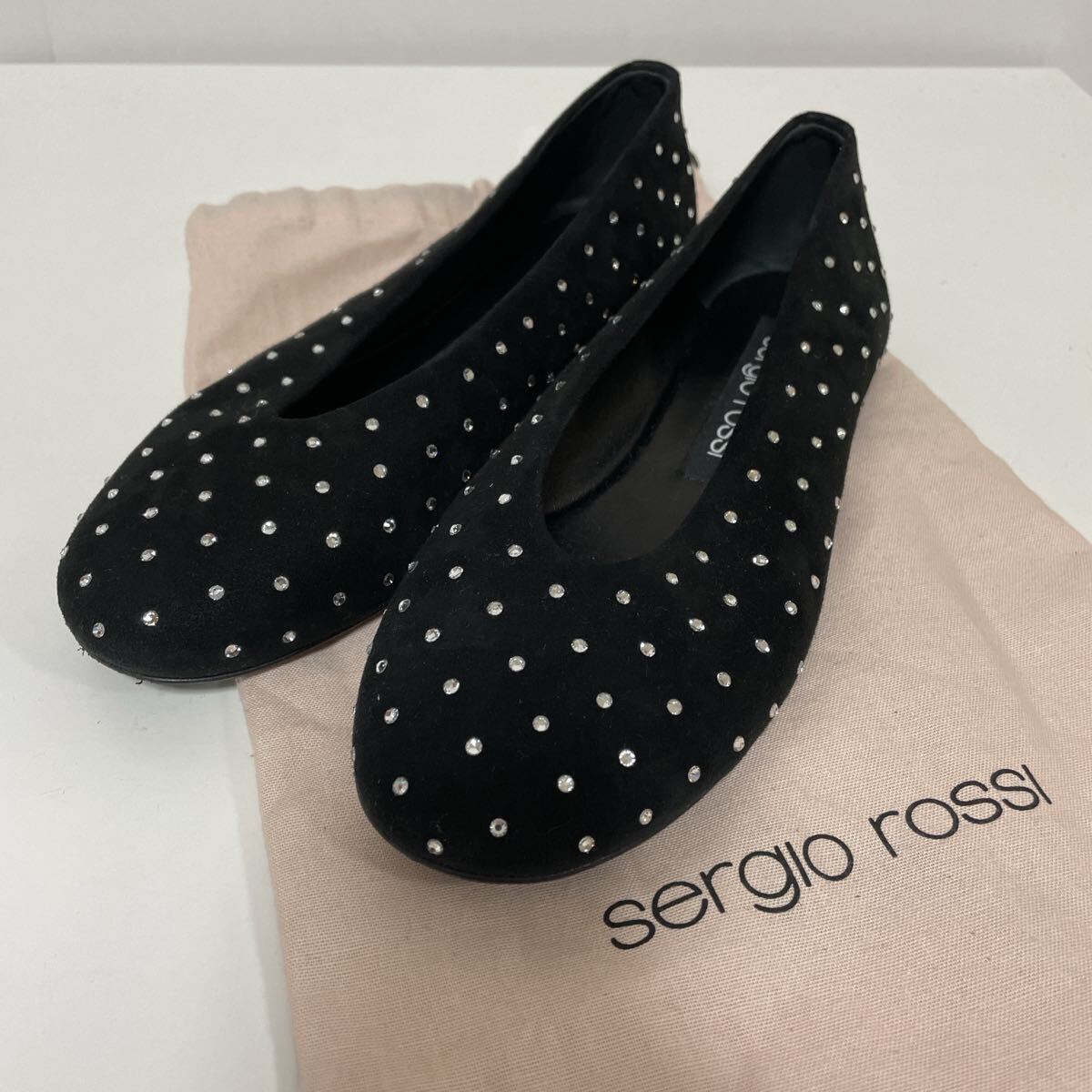 Sergio Rossi セルジオ ロッシ srARC クリスタルバレリーナ フラットシューズ 38 ブラック 中古