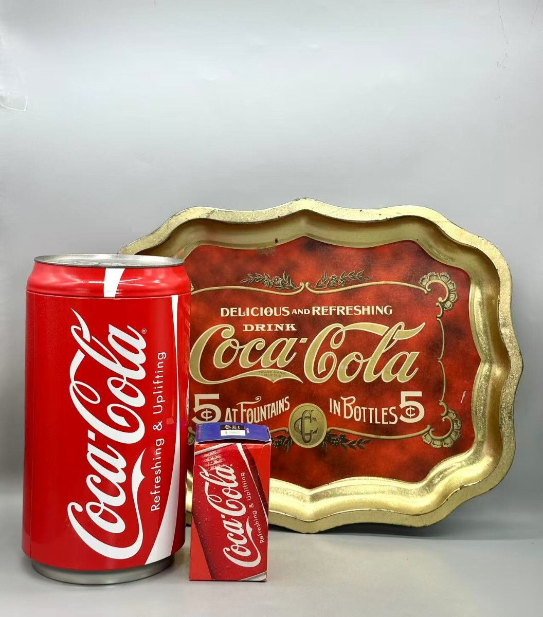 三点セットCoca-Cola ゴミ箱　コップ　皿　 Coca コカ　置物　 ブリキ缶 ブランド オシ 貯金箱