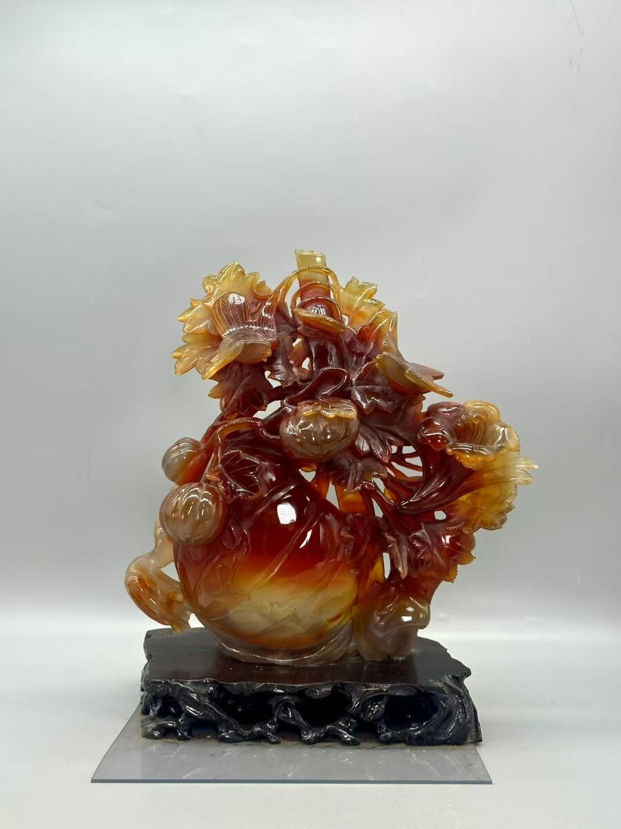 精美瑪瑙 瑪瑙花鳥　置物 天然石　彫刻 香道具　香炉 赤瑪瑙　骨董品 古美術品 中国美術　高さ約30cm 天然石