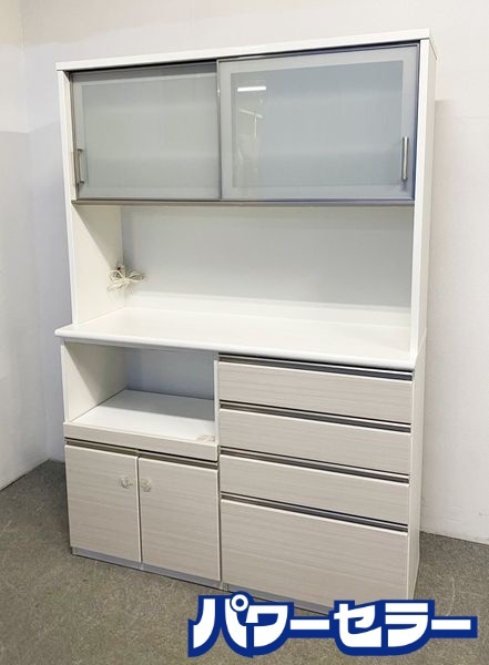 ニトリ キッチンボード ポスティア 幅140 ソフトクローズ モイス ハイグロスホワイト木目 レンジ台 食器棚 中古家具 店頭引取歓迎 R10290