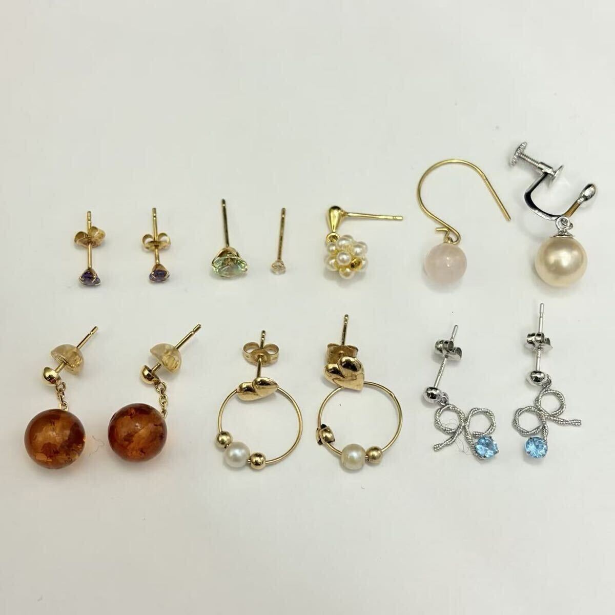 【K18×6、14K×1、K14WG×2】ピアス まとめ 大量セット 両耳 4ペア 片耳 琥珀 アコヤ真珠 カラーストーン 他 総重量約4.9g