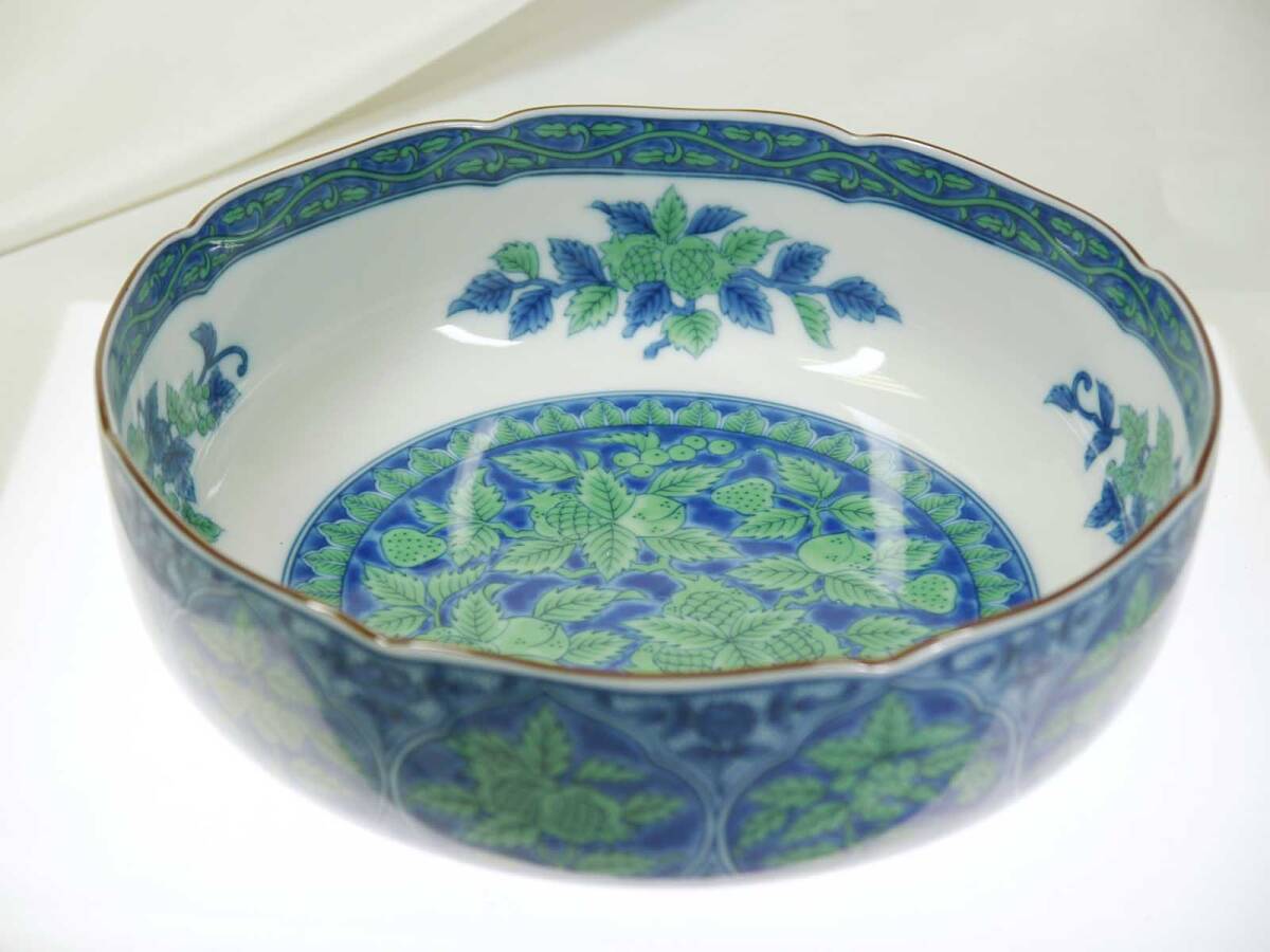 【前畑陶器：庫山窯】美濃焼　青華緑彩　大鉢（経：約22.5cm）煮物や惣菜にちょうどいい　和洋折衷　日本製　 迅速発送　未使用新品